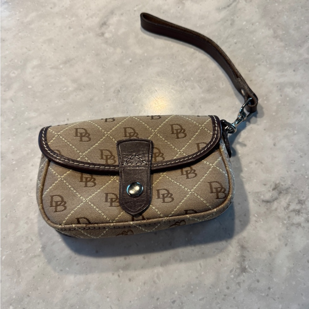 Vintage Dooney & Bourke Monogram Wristlet Tan Brown Leather Trim